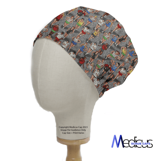 The mannequin displays the Marathon Runners Scrub Cap by Medicus Scrub Caps, ideal for healthcare professionals. This grey cap has vibrant exercise figures and offers a customized fit, with the Medicus Scrub Caps logo in the bottom right corner.