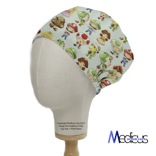 A mannequin head sports a Medicus Scrub Caps light blue Mario Kart Kawaii Characters Scrub Cap adorned with vibrant prints of cartoon figures in playful costumes, reminiscent of Mario Kart.