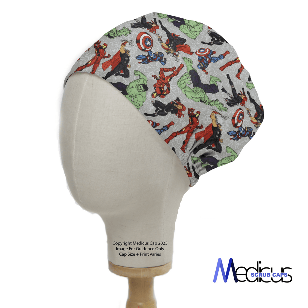 Marvel Avengers #2 - Fighting Pose On Grey Scrub Cap by Medicus Scrub Caps, shown on a mannequin head with colorful superhero graphics against a white background. Ideal for healthcare professionals wanting to add heroic style to their uniform.