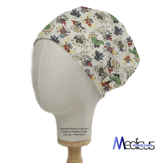 Presenting the Marvel Avengers Cartoon Fight Crowd Scrub Cap by Medicus Scrub Caps, featuring dynamic action patterns and comic graphics of beloved characters and sound effects. Ideal for healthcare professionals, its artistically displayed on a mannequin with discreet brand details at the base.