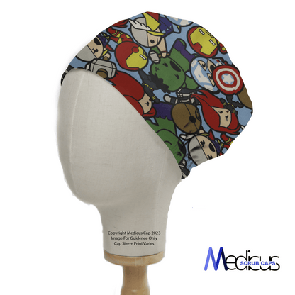 A mannequin head dons the bright, superhero-themed Marvel Avengers Cartoon Fighting Brawl Scrub Cap. Medicus Scrub Caps is printed at the bottom right corner.