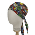 A Marvel Avengers Cartoon Fighting Brawl scrub cap from Medicus Scrub Caps adorns a mannequin head, showcasing heroic comfort with its vibrant superhero patterns, including helmets, shields, and faces against a bold blue background.