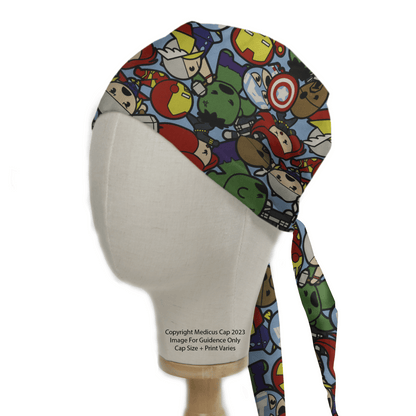 A Marvel Avengers Cartoon Fighting Brawl scrub cap from Medicus Scrub Caps adorns a mannequin head, showcasing heroic comfort with its vibrant superhero patterns, including helmets, shields, and faces against a bold blue background.