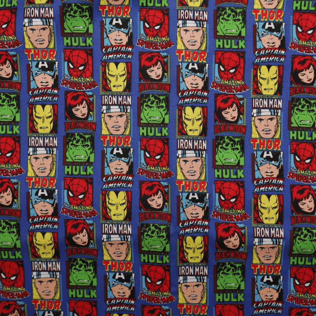The Marvel Avengers Comic Book Front Covers Superhero Scrub Cap by Medicus Scrub Caps features a vibrant pattern with Spider-Man, Hulk, Captain America, Thor, Iron Man, and Black Widows comic-style faces and names in a grid on blue. Ideal for superhero-themed scrub wear.