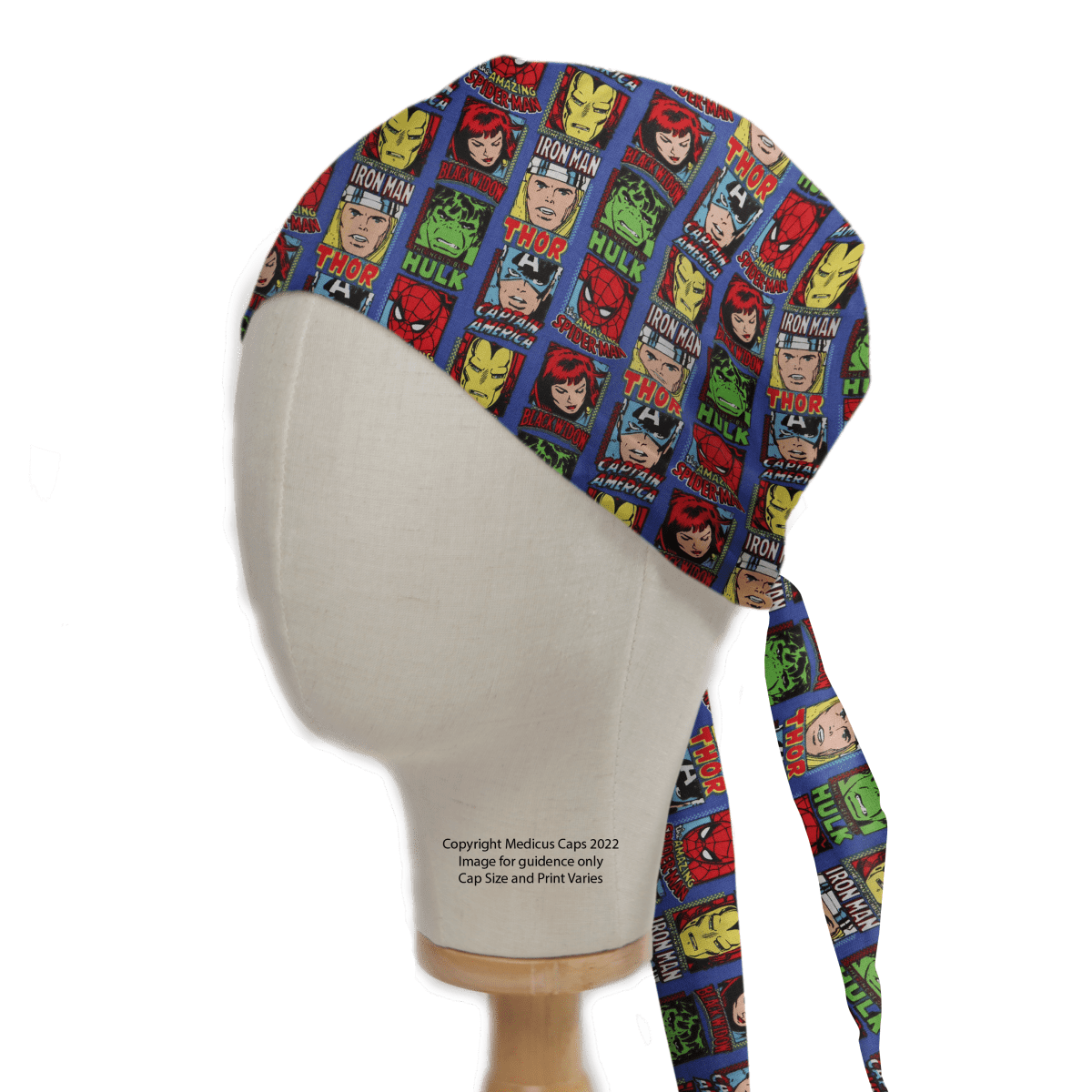 A mannequin head displays the Medicus Scrub Caps Marvel Avengers Comic Book Front Covers Superhero Scrub Cap with vibrant illustrations and bold names of heroes like Iron Man, Thor, and Hulk. This reusable cap ties at the back for a fun yet functional fit.