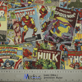The Medicus Scrub Caps Marvel Comic Book Covers Vintage Hulk Iron Man Spiderman Scrub Cap features a vibrant collage of iconic characters like Iron Man, Spider-Man, Captain America, the Hulk, and Thor. It includes colorful illustrations with logos for a striking design and a ruler for scale measurement.