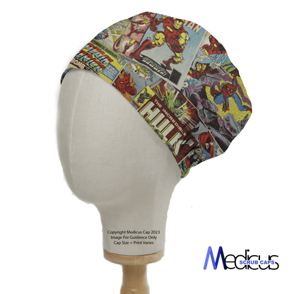 A mannequin head displays a Medicus Scrub Caps Marvel Comic Book Covers Vintage Hulk, Iron Man, Spiderman scrub cap featuring vibrant hero designs. The Medicus Scrub Caps logo adorns the bottom right, evoking classic comic book covers.