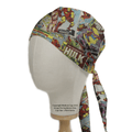 Displayed on a mannequin head, the Medicus Scrub Caps’ Marvel Comic Book Covers Vintage Hulk Iron Man Spiderman Scrub Cap features a colorful pattern and bold The Incredible Hulk text.