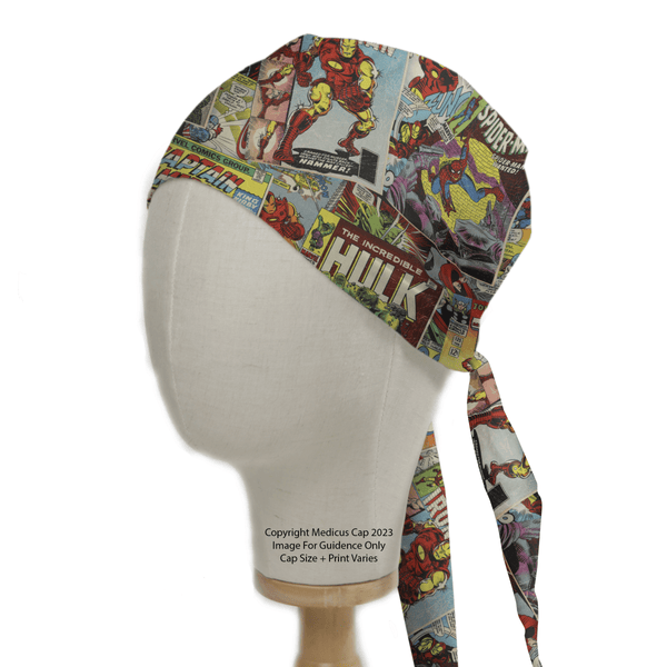 Displayed on a mannequin head, the Medicus Scrub Caps’ Marvel Comic Book Covers Vintage Hulk Iron Man Spiderman Scrub Cap features a colorful pattern and bold The Incredible Hulk text.