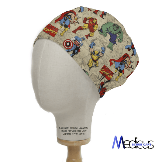 Side view of a mannequin head wearing the Medicus Scrub Caps Marvel Comics #5 Scrub Cap, an eco-friendly cap featuring superheroes like Captain America, Iron Man, and Hulk against a beige backdrop, blending style with sustainability.