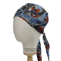 A mannequin head displays the Marvel Spiderman City Escape Web Scrub Cap by Medicus Scrub Caps, showcasing vibrant comic-style images of Spiderman in a red and blue costume swinging through a cityscape—ideal for healthcare professionals seeking to add superhero flair to their uniforms.