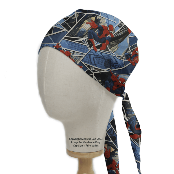 A mannequin head displays the Marvel Spiderman City Escape Web Scrub Cap by Medicus Scrub Caps, showcasing vibrant comic-style images of Spiderman in a red and blue costume swinging through a cityscape—ideal for healthcare professionals seeking to add superhero flair to their uniforms.