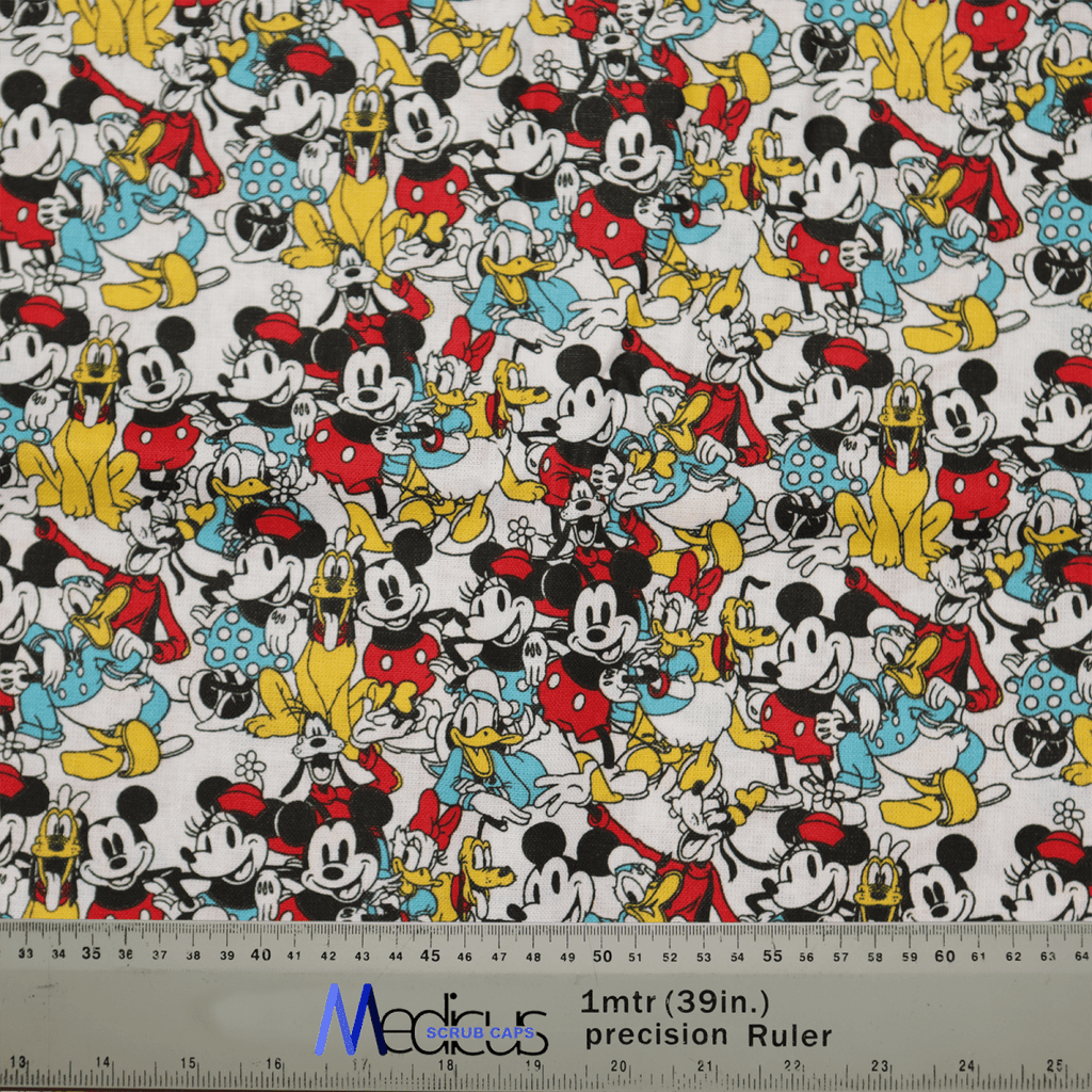 The Mickey + Friends Retro Gang Scrub Cap by Medicus Scrub Caps features a vibrant pattern of iconic Disney characters like mice and ducks in vintage red, blue, and yellow outfits, ensuring all-day comfort. A ruler marked 1m (39in.) is included for scale.