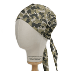 Military Camouflage Desert Olive Green scrub cap pattern detail on mannequin