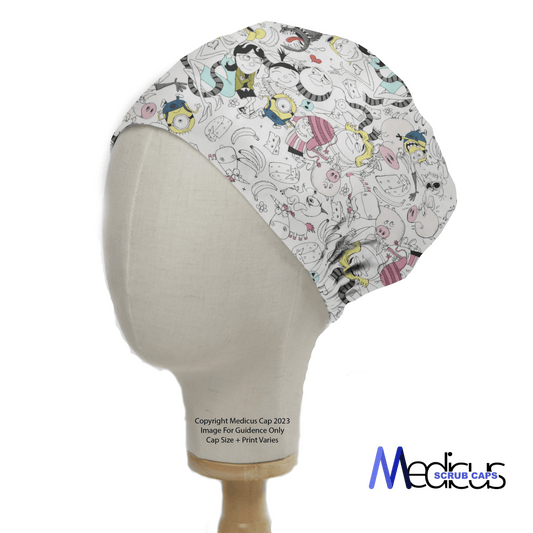 The mannequin head showcases a Minions Madness Crowd Scrub Cap by Medicus Scrub Caps, featuring a vibrant, eco-friendly print of cartoon characters and doodles with gathered fabric at the back. The brands logo is prominently displayed in the bottom right corner.