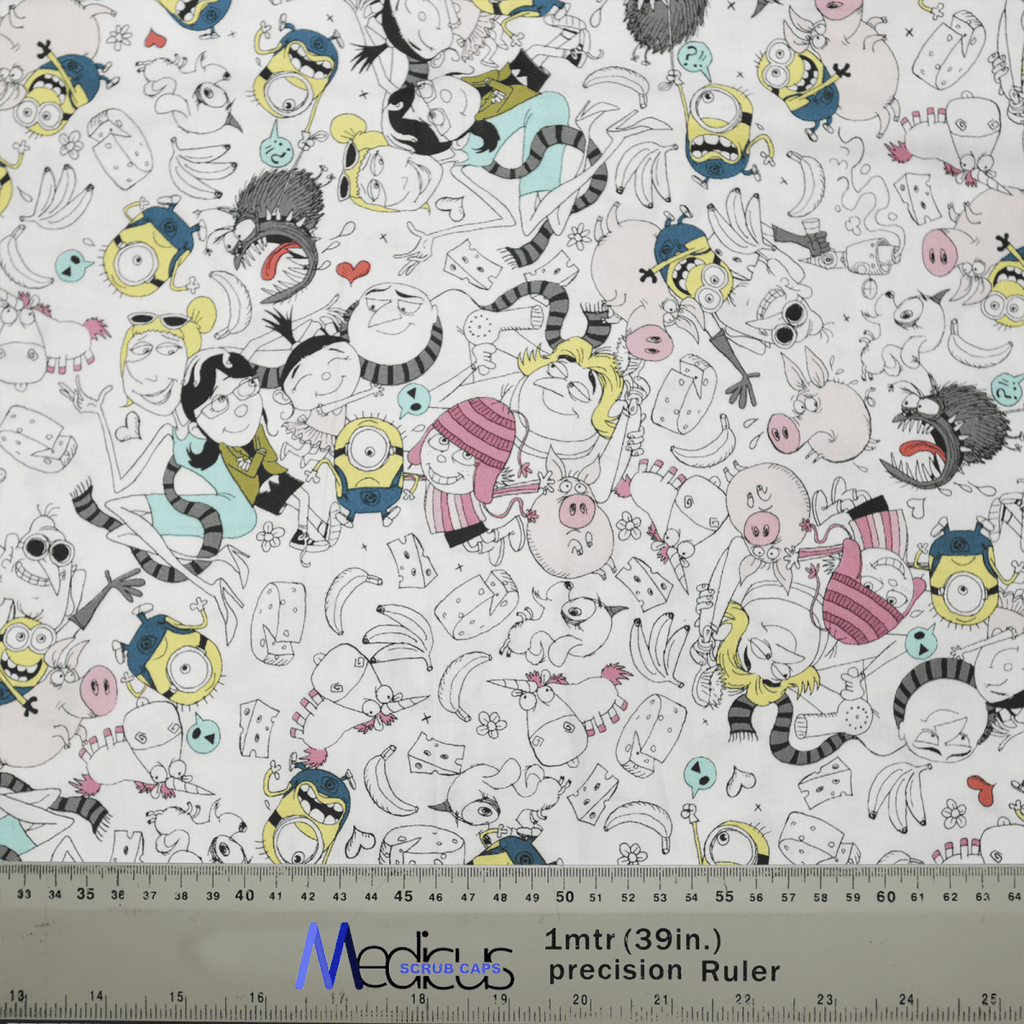 Close-up of the Minions Madness Crowd Scrub Cap by Medicus Scrub Caps, showcasing a colorful pattern with cartoonish characters, playful figures, flowers, and abstract shapes. Ideal for eco-friendly design. A ruler shows 1 meter (39 inches) at the bottom for scale.