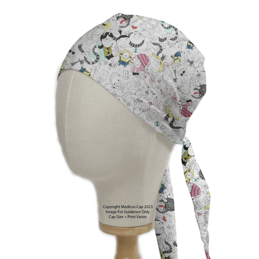 A head mannequin showcases the eco-friendly Minions Madness Crowd Scrub Cap by Medicus Scrub Caps, decorated with cartoon characters and doodles, including smiling faces and stars. This vibrant cap offers adjustable ties at the back for a perfect fit.