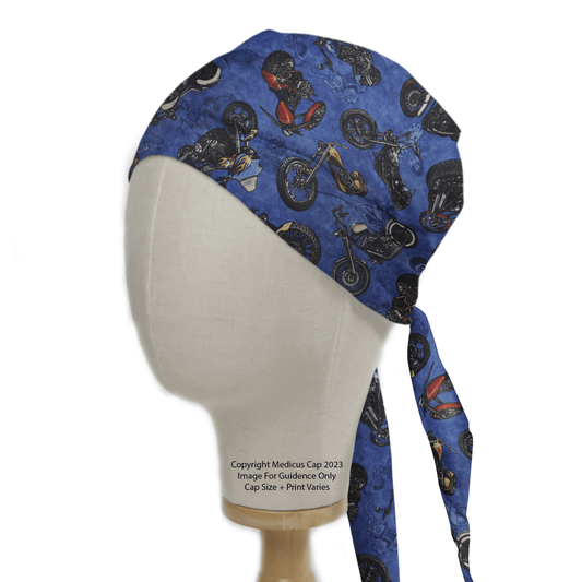 A mannequin head displays a Motorbikes Dark Blue Scrub Cap from Medicus Scrub Caps, featuring motorcycle prints. Its styled like a bandana with ties at the back, combining style and comfort seamlessly.