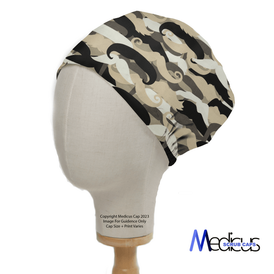 A mannequin head displays the Moustache Madness Scrub Cap featuring a beige, brown, and black camouflage design. The text Medicus Scrub Caps in blue and black emphasizes their reusable caps, perfect for an adventurous spirit.