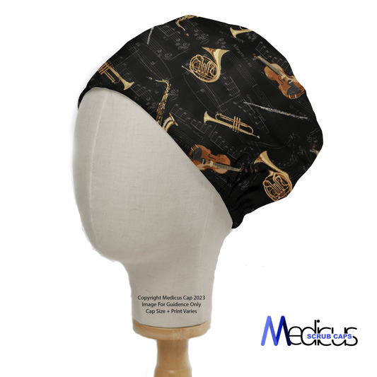 The Musical Instruments Scrub Cap by Medicus Scrub Caps features a vibrant design of trumpets, French horns, and saxophones on a musical notes backdrop. Its personalized for style and offers an eco-friendly touch.