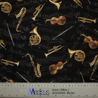 The Musical Instruments Scrub Cap by Medicus Scrub Caps features an eco-friendly fabric with violins, French horns, and saxophones on a black background with musical notes. A one-meter ruler is shown at the bottom for scale.