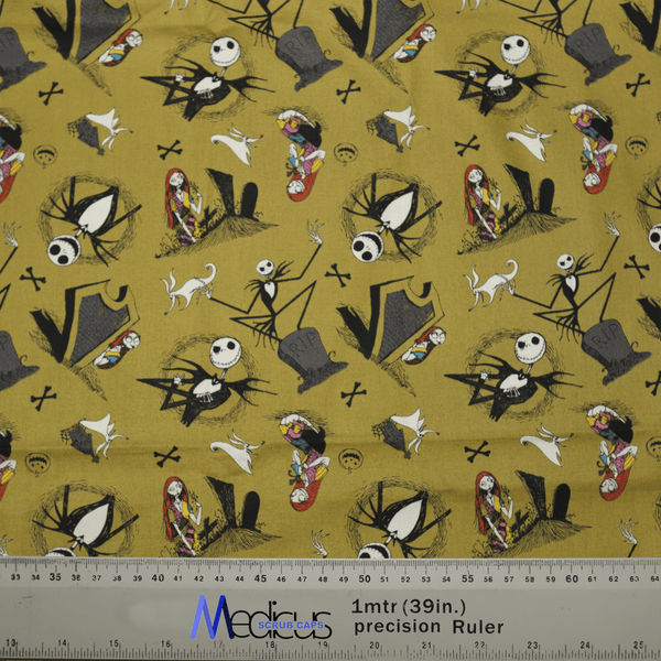 The Nightmare Before Christmas #2 Scrub Cap from Medicus Scrub Caps features a whimsical design with cartoon skeletons, ghosts, and other Halloween characters on a yellow background. A ruler at the bottom shows measurements in inches and meters.
