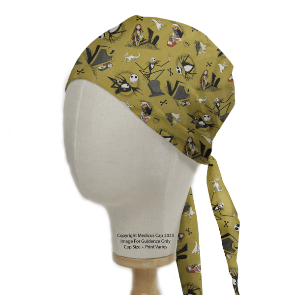 The mannequin head showcases a Medicus Scrub Caps Nightmare Before Christmas #2 green scrub cap, featuring spooky-themed illustrations and quirky characters, providing a whimsical and sustainable option for work.