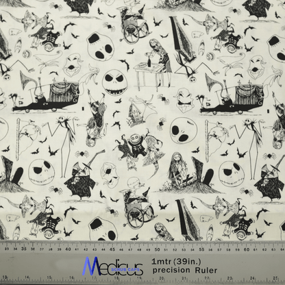 The Nightmare Before Christmas Scrub Cap by Medicus Scrub Caps is made from sustainable fabric, featuring black and white illustrations of skeletons, ghosts, and bats from a whimsical Halloween-themed movie. The reusable cap includes a ruler at the bottom with inches and centimeters measurements.