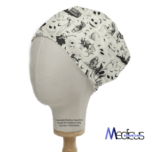 The Nightmare Before Christmas scrub cap from Medicus Scrub Caps features a Halloween print with pumpkins and cartoon skeletons. Displayed on a mannequin head against a white backdrop, the cap is charming, playful, and eco-friendly, with the Medicus Scrub Caps logo in the corner.