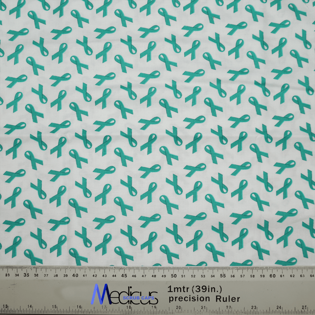 The Ovarian Cancer Awareness Scrub Cap by Medicus Scrub Caps features teal ribbons on white fabric, complete with a ruler for size reference. This eco-friendly design offers personalization to suit your unique needs.
