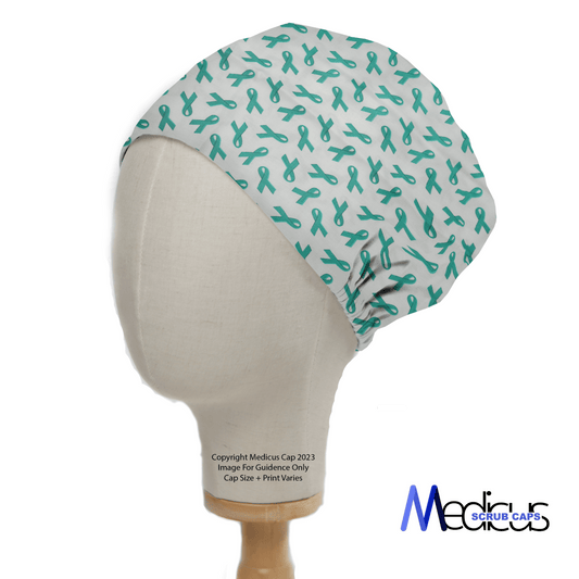 A mannequin head is adorned with the Ovarian Cancer Awareness Scrub Cap, characterized by teal ribbons on a white background. The Medicus Scrub Caps logo appears at the bottom right, emphasizing its eco-friendly appeal for healthcare professionals.