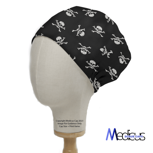 A mannequin head models a Medicus Scrub Caps Pirate Skulls Classic Black + White scrub cap, featuring white skulls and crossbones for a bold flair. This cap complements any healthcare attire while ensuring a comfortable fit.