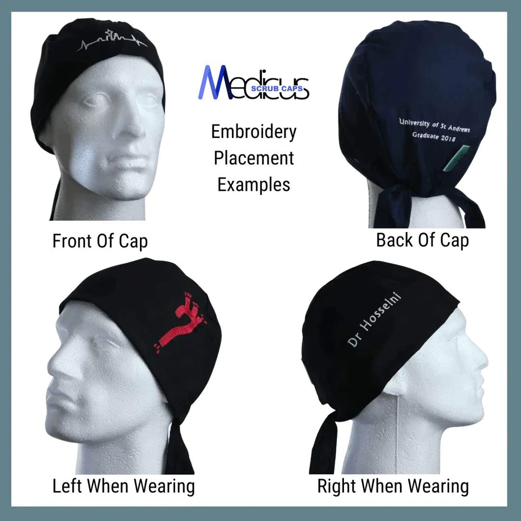 Four mannequin heads showcase embroidered Plain Satin Lined Scrub Caps by Medicus Scrub Caps: front has abstract design, back reads University of St Andrews Graduate 2014, left features a red logo, right displays Dr Hosseini, labeled Embroidery Placement Examples, eco-friendly and reusable.