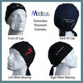 Four mannequin heads showcase embroidered Plain Satin Lined Scrub Caps by Medicus Scrub Caps: front has abstract design, back reads University of St Andrews Graduate 2014, left features a red logo, right displays Dr Hosseini, labeled Embroidery Placement Examples, eco-friendly and reusable.