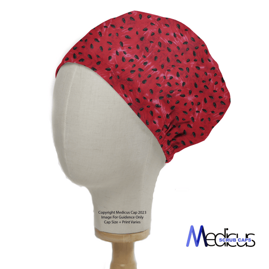 A mannequin head displays the Print Watermelon Seeds Scrub Cap by Medicus Scrub Caps, featuring a pattern like watermelon seeds. It’s known for its comfortable fit and bears the Medicus Scrub Caps logo in the bottom right, set against a plain background.