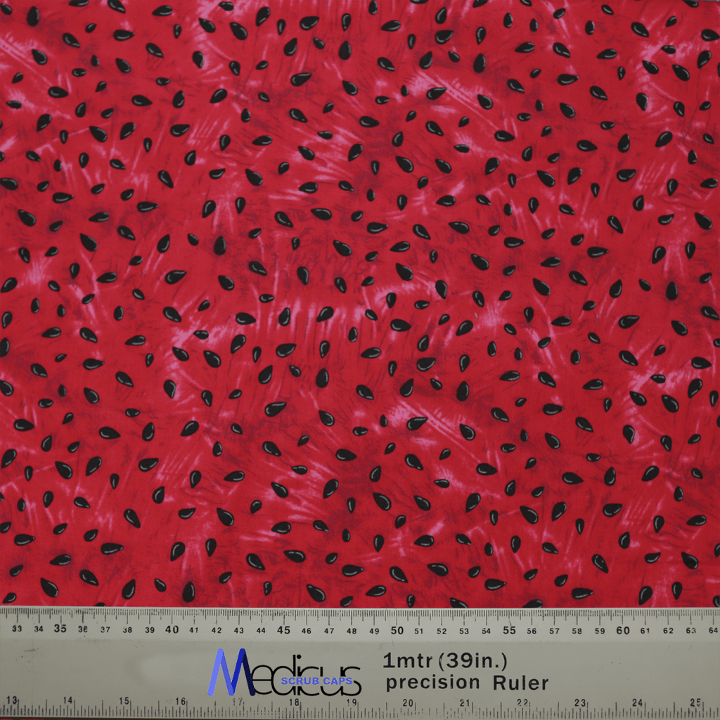 The Print Watermelon Seeds Scrub Cap by Medicus Scrub Caps features a watermelon seed pattern on a red background, perfect for an eco-friendly, comfortable fit. Sized with a Medicus Scrub Caps ruler, it measures 1 meter or 39 inches.
