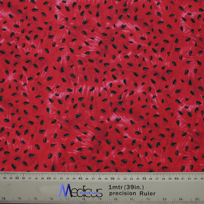 The Print Watermelon Seeds Scrub Cap by Medicus Scrub Caps features a watermelon seed pattern on a red background, perfect for an eco-friendly, comfortable fit. Sized with a Medicus Scrub Caps ruler, it measures 1 meter or 39 inches.
