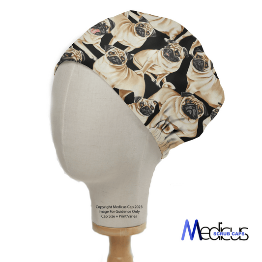 The Pug Party Scrub Cap, by Medicus Scrub Caps, showcases playful pug patterns on black fabric adorning a mannequin. The caps reusable design caters to eco-conscious healthcare professionals, with the brand logo displayed elegantly in the corner.