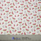 The Pun-tastic: 1 in a Melon Scrub Cap by Medicus Scrub Caps features an eco-friendly, white patterned fabric with watermelon slices and phrases like youre one in a melon, accented in pink, green, and black. It supports healthcare workers and includes measurements with logos at the bottom.