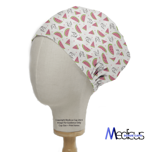 A mannequin head showcases the Pun-tastic: 1 in a Melon Scrub Cap with a vibrant pattern of pink watermelons and green leaves, ideal for healthcare workers. The Medicus Scrub Caps logo is visible, highlighting its eco-friendly design.