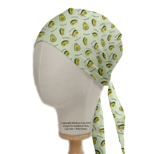 The Pun-tastic: Avo-cardio Scrub Cap by Medicus Scrub Caps is an eco-friendly option for healthcare professionals, showcasing a fun avocado pattern and Guacamole on light green fabric. It ties effortlessly at the back, offering a stylish and sustainable choice.