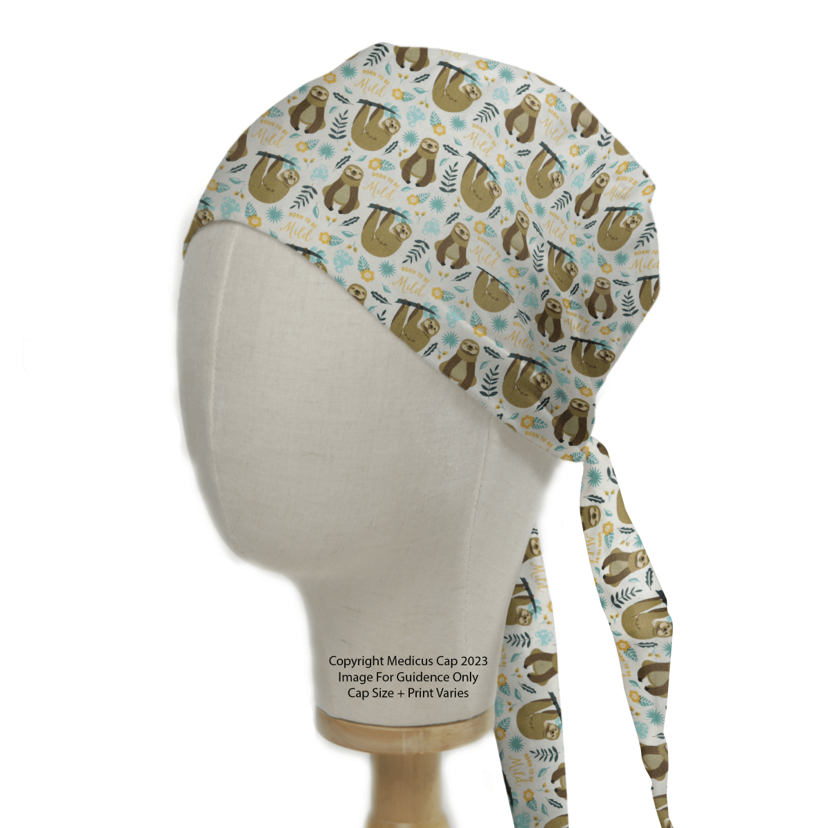 The Medicus Scrub Caps Pun-tastic: Born To Be Mild features sloths on branches with messages like hang in there, creating a stylish and eco-friendly reusable scrub cap.