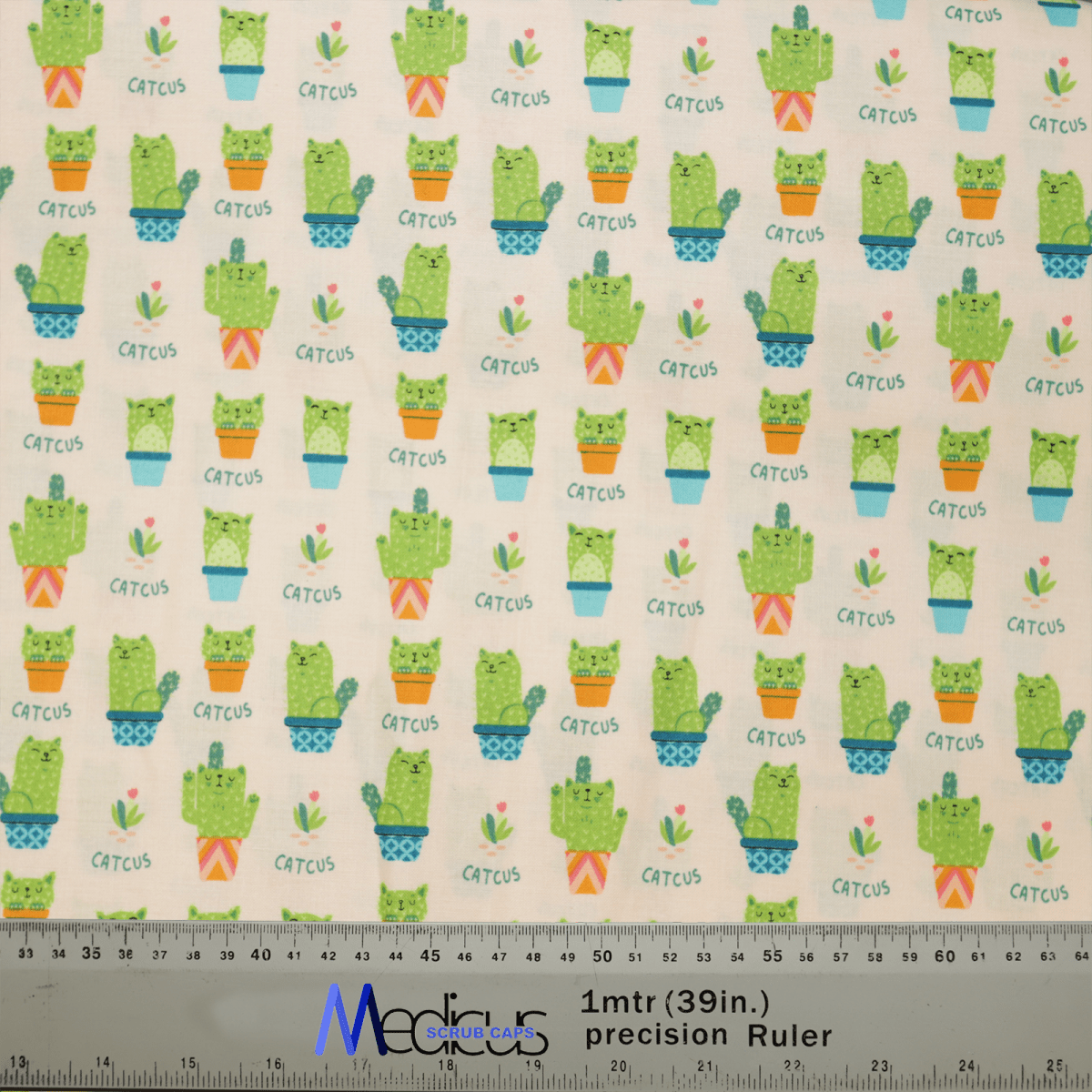Patterned fabric with cartoon cacti in colorful pots makes the Medicus Scrub Caps Pun-tastic: Cat-cus Scrub Cap sustainable and fun. Each smiling cactus is labeled Cactus, adding playfulness to your medical apparel, with a measuring tape design at the bottom for added flair.