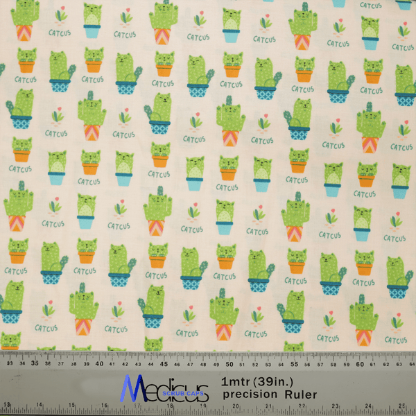 Patterned fabric with cartoon cacti in colorful pots makes the Medicus Scrub Caps Pun-tastic: Cat-cus Scrub Cap sustainable and fun. Each smiling cactus is labeled Cactus, adding playfulness to your medical apparel, with a measuring tape design at the bottom for added flair.