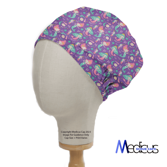 The Pun-tastic: Mermazing! Scrub Cap by Medicus Scrub Caps, with its playful mermaid design, marries style and comfort. Its modeled on a mannequin head and features the brands logo in purple at the bottom right, ideal for eco-aware individuals who refuse to compromise on flair.