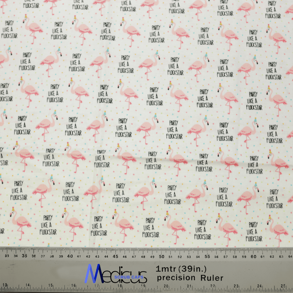 The Pun-tastic: Party Like A Flock Star Scrub Cap from Medicus Scrub Caps boasts a vibrant design with pink flamingos and Party Like a Flockstar in black. This sustainable fabric is perfect for crafting, featuring measurements in meters and inches at the bottom.