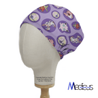 The Purple Pokemon Go Scrub Cap by Medicus Scrub Caps features playful cartoon characters in circles on a vibrant eco-friendly fabric, displayed on a mannequin head with the brand logo at the bottom right.