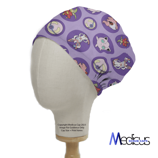 The Purple Pokemon Go Scrub Cap by Medicus Scrub Caps features playful cartoon characters in circles on a vibrant eco-friendly fabric, displayed on a mannequin head with the brand logo at the bottom right.