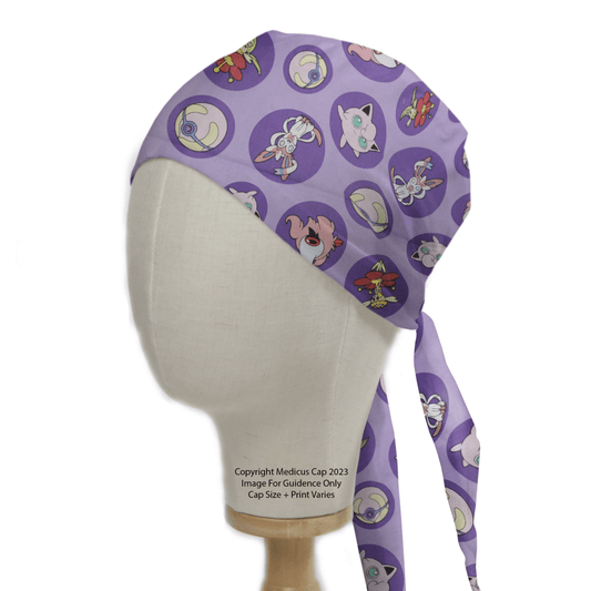 The Purple Pokemon Go Scrub Cap by Medicus Scrub Caps, featuring cartoon characters in circular patterns, is displayed on a plain mannequin head. This eco-friendly, reusable cap adds fun to workdays while being sustainable.