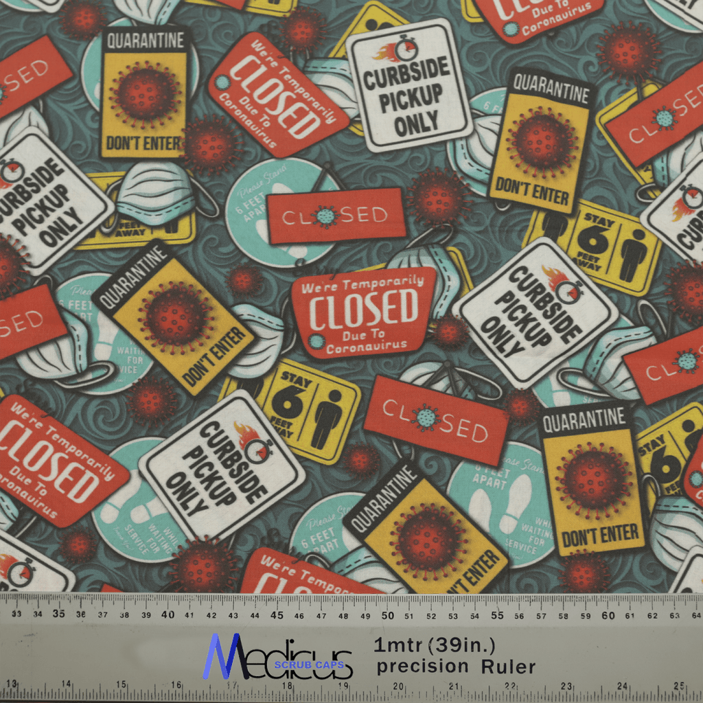 The Quarantine / Lockdown Central Scrub Cap by Medicus Scrub Caps features COVID-19 signs like Closed, Curbside Pickup Only, and Do Not Enter. It includes virus illustrations, caution symbols, and a ruler for sizing in inches and centimeters—ideal for healthcare professionals.